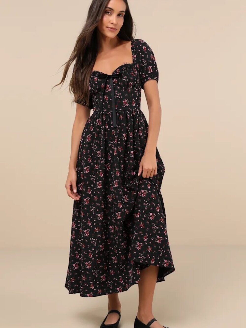 Lulus Black Floral Puff Sleeve Midi Dress
